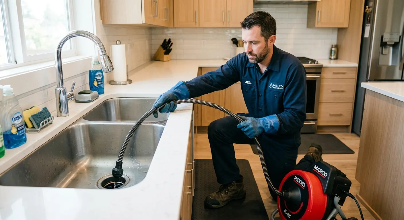 Drain cleaning technician using a motorized snake on a kitchen sink in Midway City