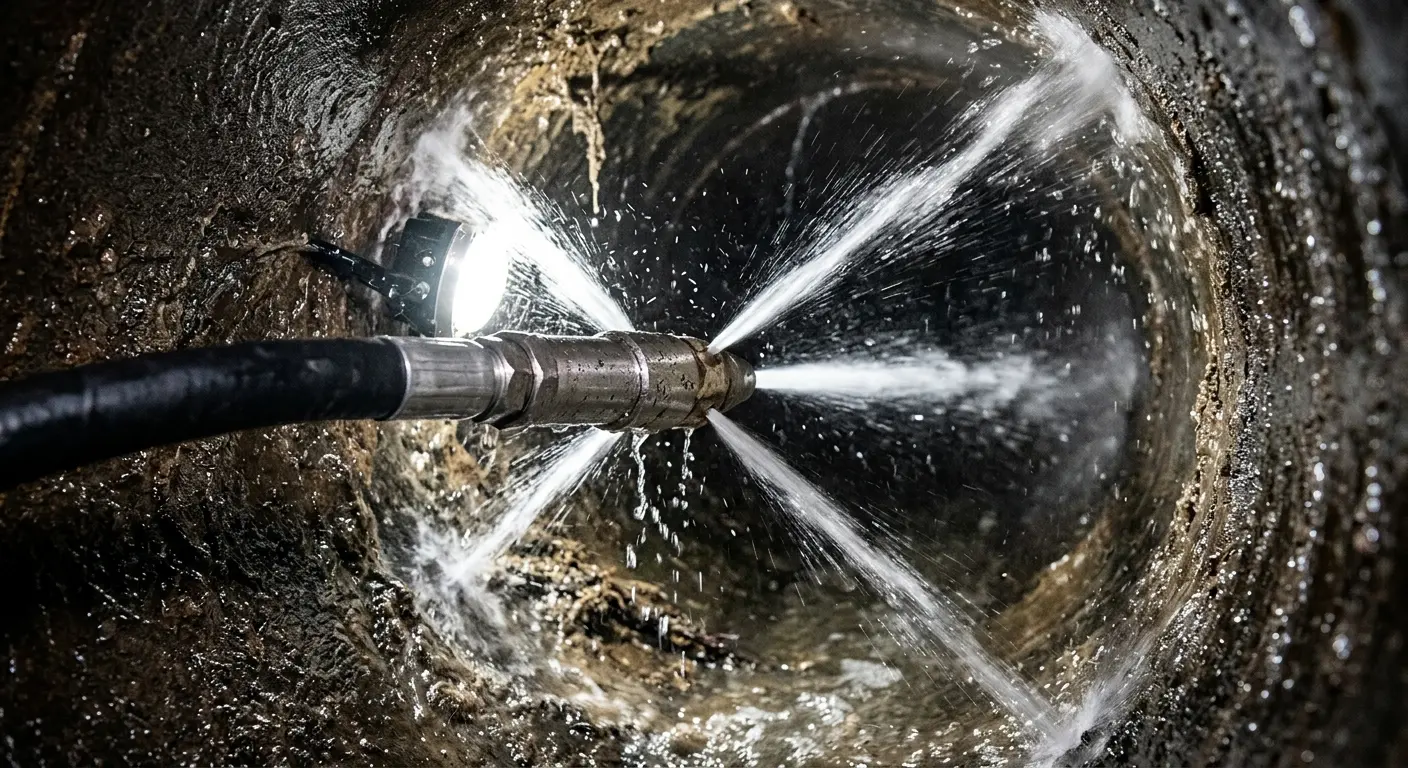 High-pressure hydro jetting nozzle cleaning sewer pipe for Emergency Drain Service in Midway City