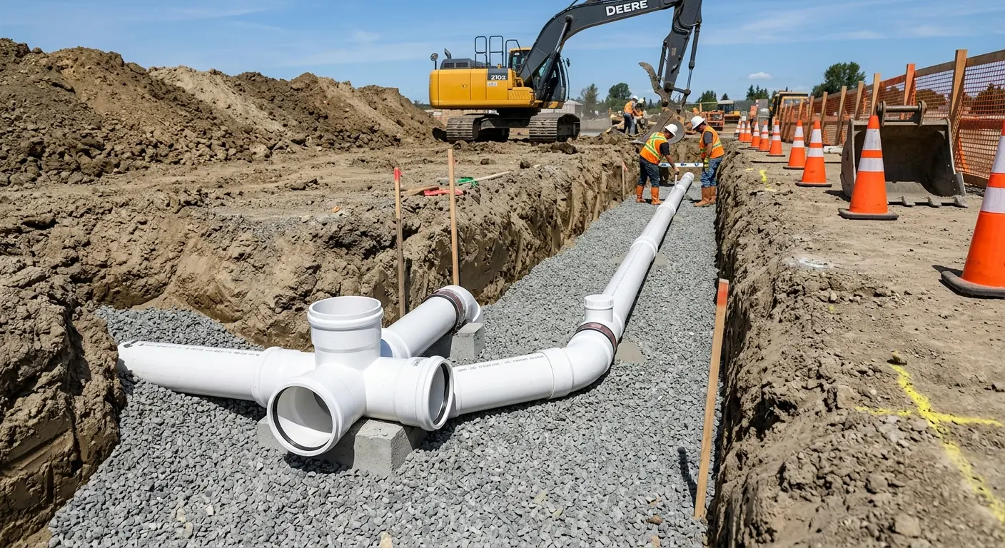 New PVC sewer pipe installation in open trench for Grease Trap Cleaning in Midway City