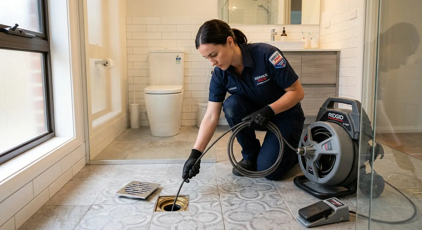 Technician clearing a bathroom floor drain for Hydro Jetting in Midway City